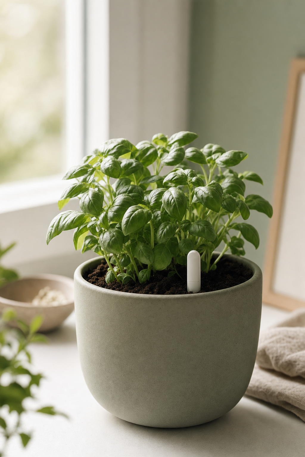 A minimalist off-the-shelf soil sensor in a premium ceramic planter — hardware stays deliberately minimal.